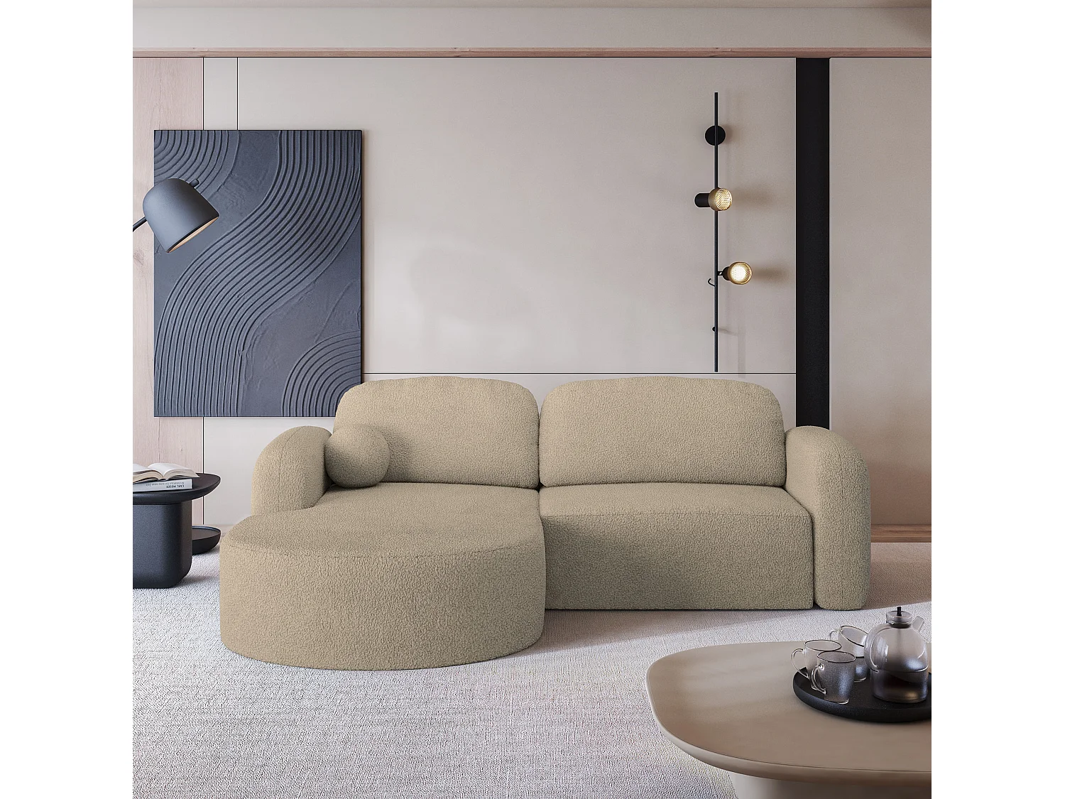 Hoekbank AMILIA van fluweel met slaapfunctie Beige