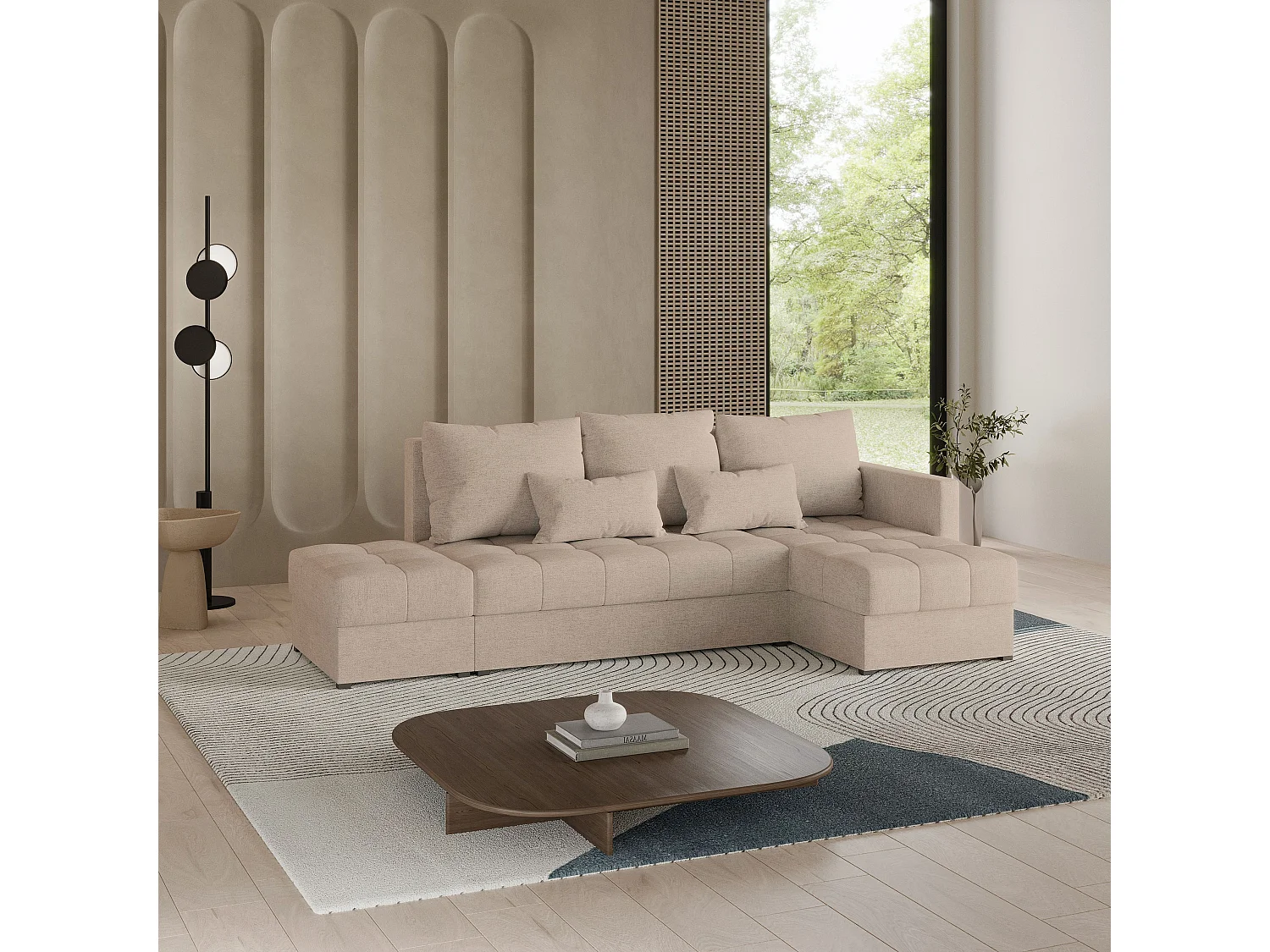 Canapé d'angle LUMARI en velours avec fonction couchage Beige