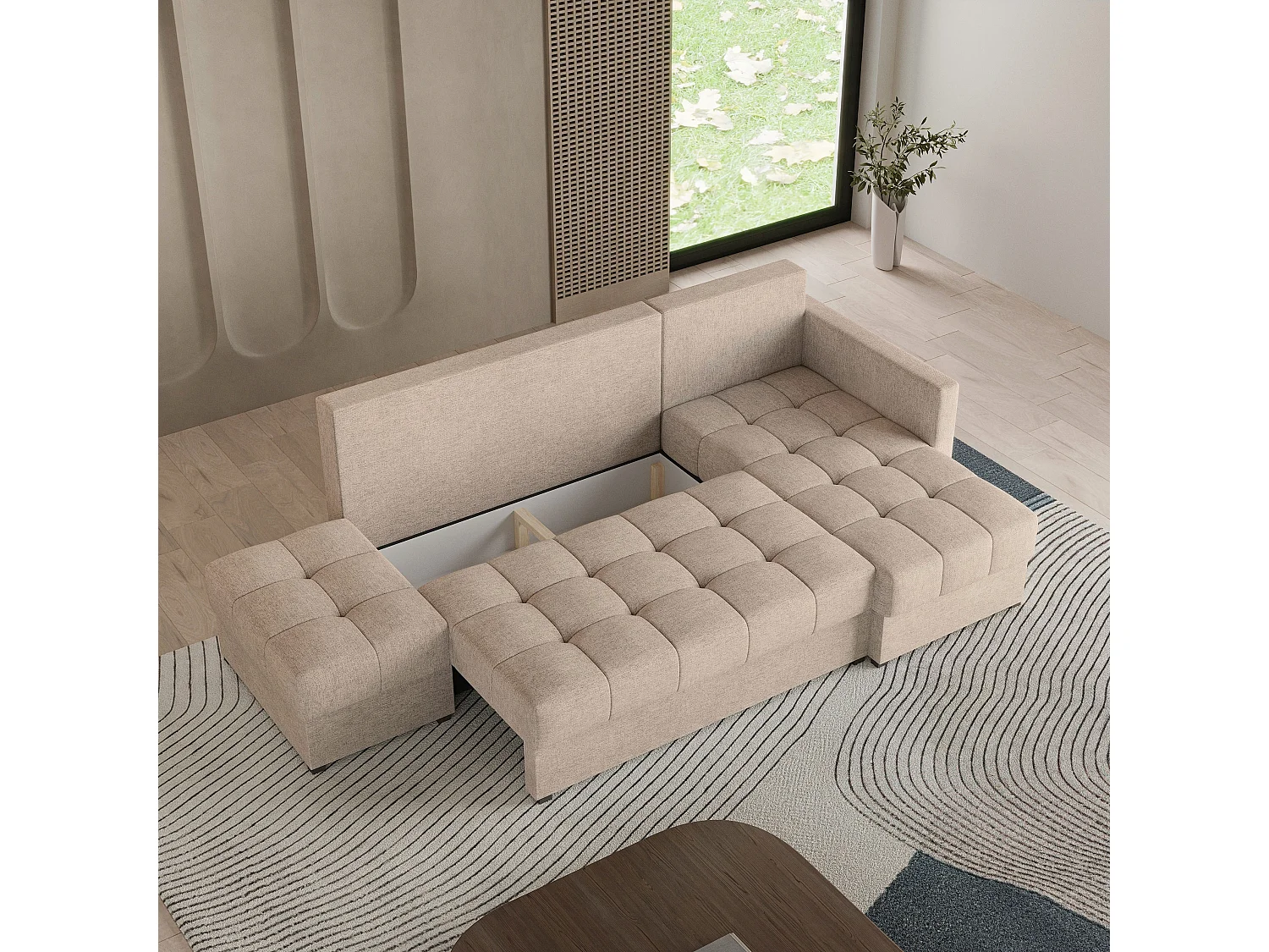 Canapé d'angle LUMARI en velours avec fonction couchage Beige