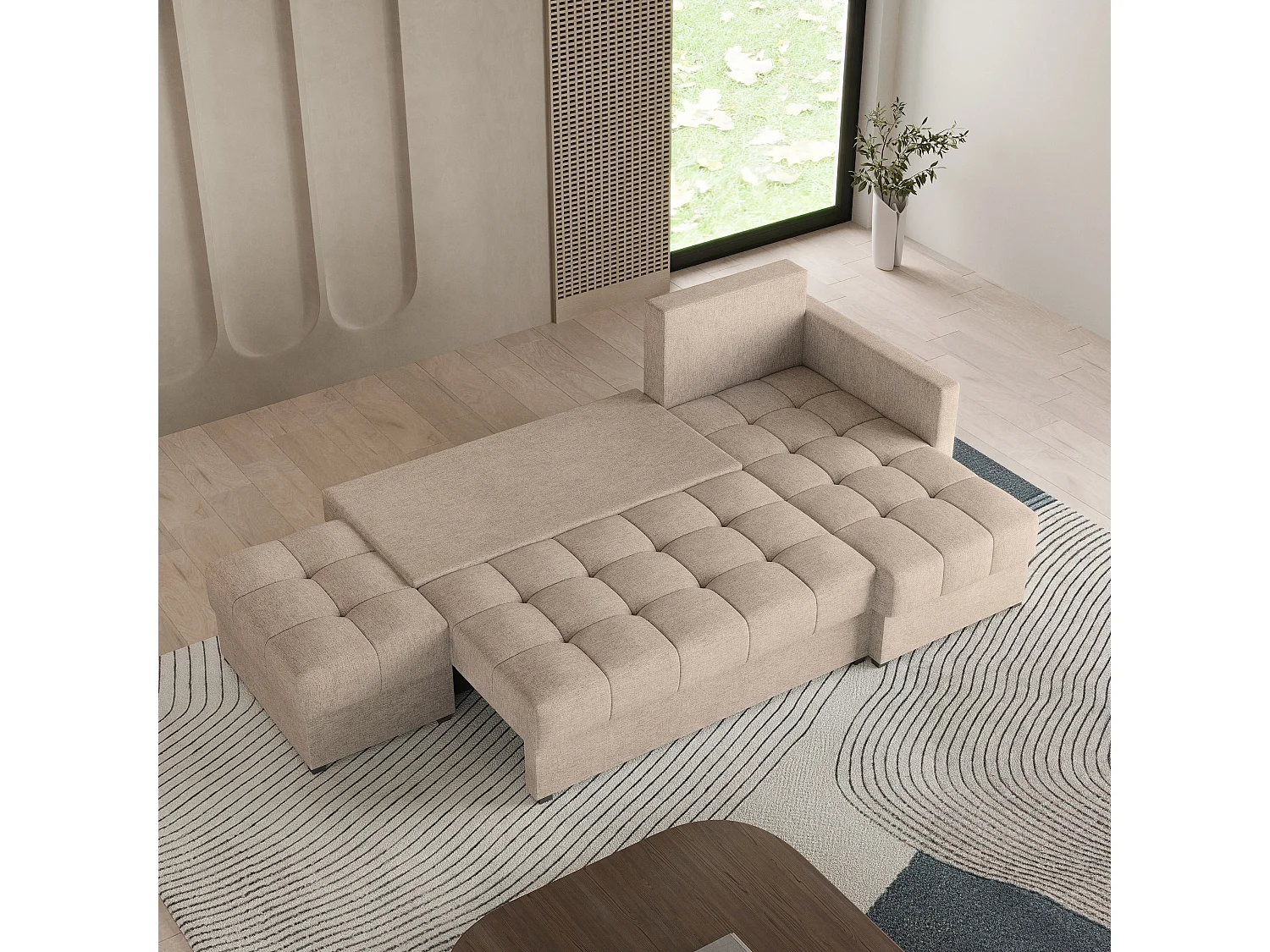 Canapé d'angle LUMARI en velours avec fonction couchage Beige