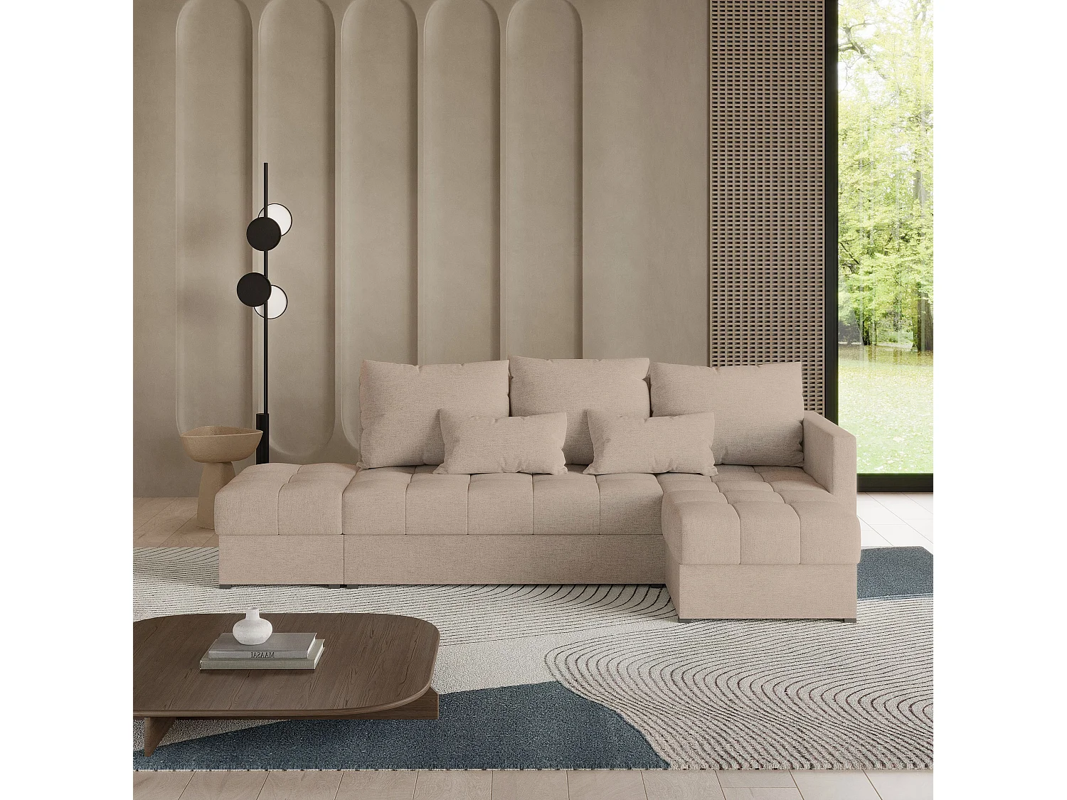 Canapé d'angle LUMARI en velours avec fonction couchage Beige