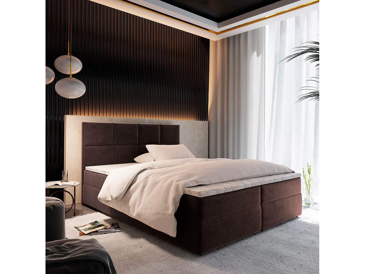 Boxspringbed LENA 140x200 cm Set met hoofdbord, bedbodem en matras, Bruin