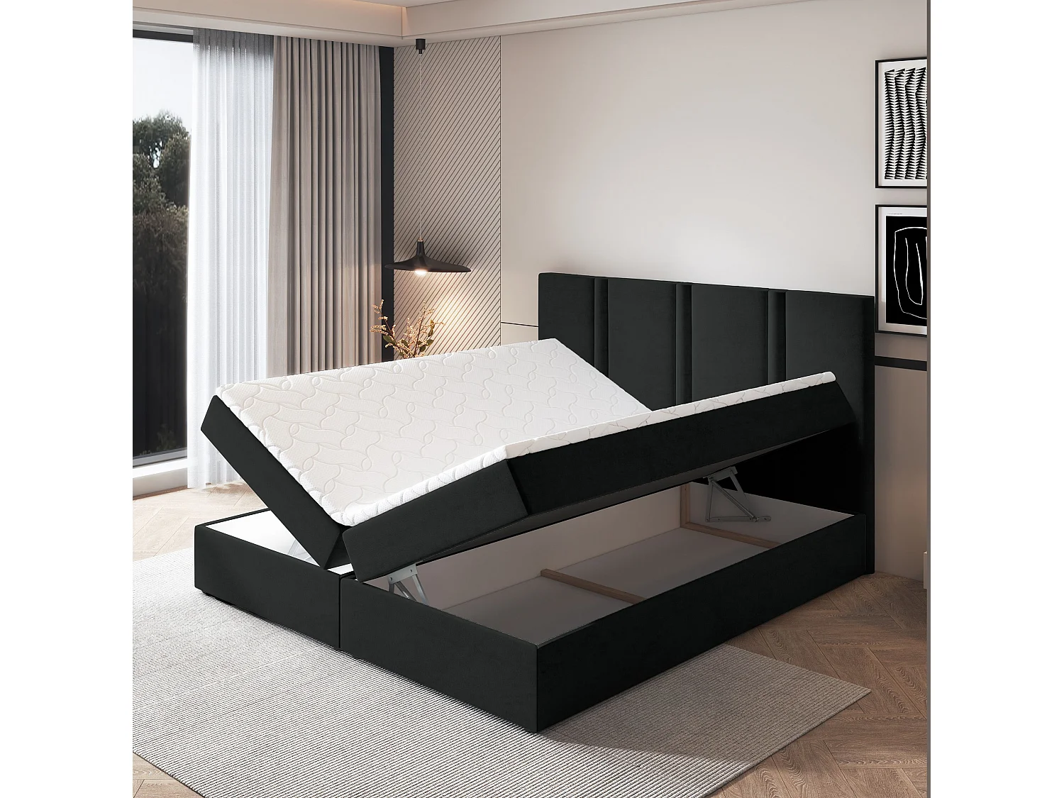 Lit continental LARIO, 180x200 cm, Tissu pelucheux, Noir