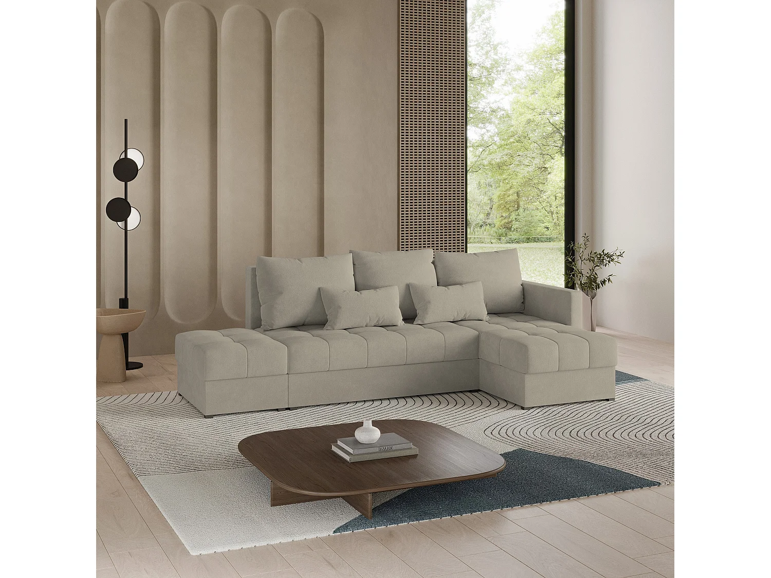 Hoekbank LUMARI van fluweel met slaapfunctie Beige
