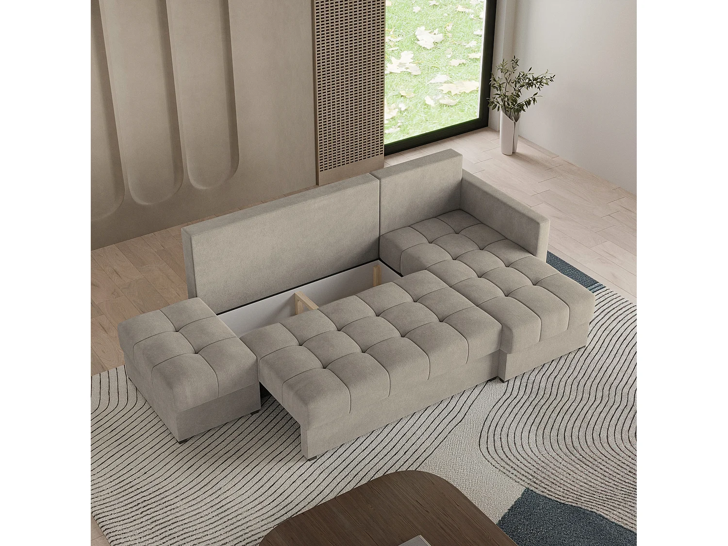 Hoekbank LUMARI van fluweel met slaapfunctie Beige