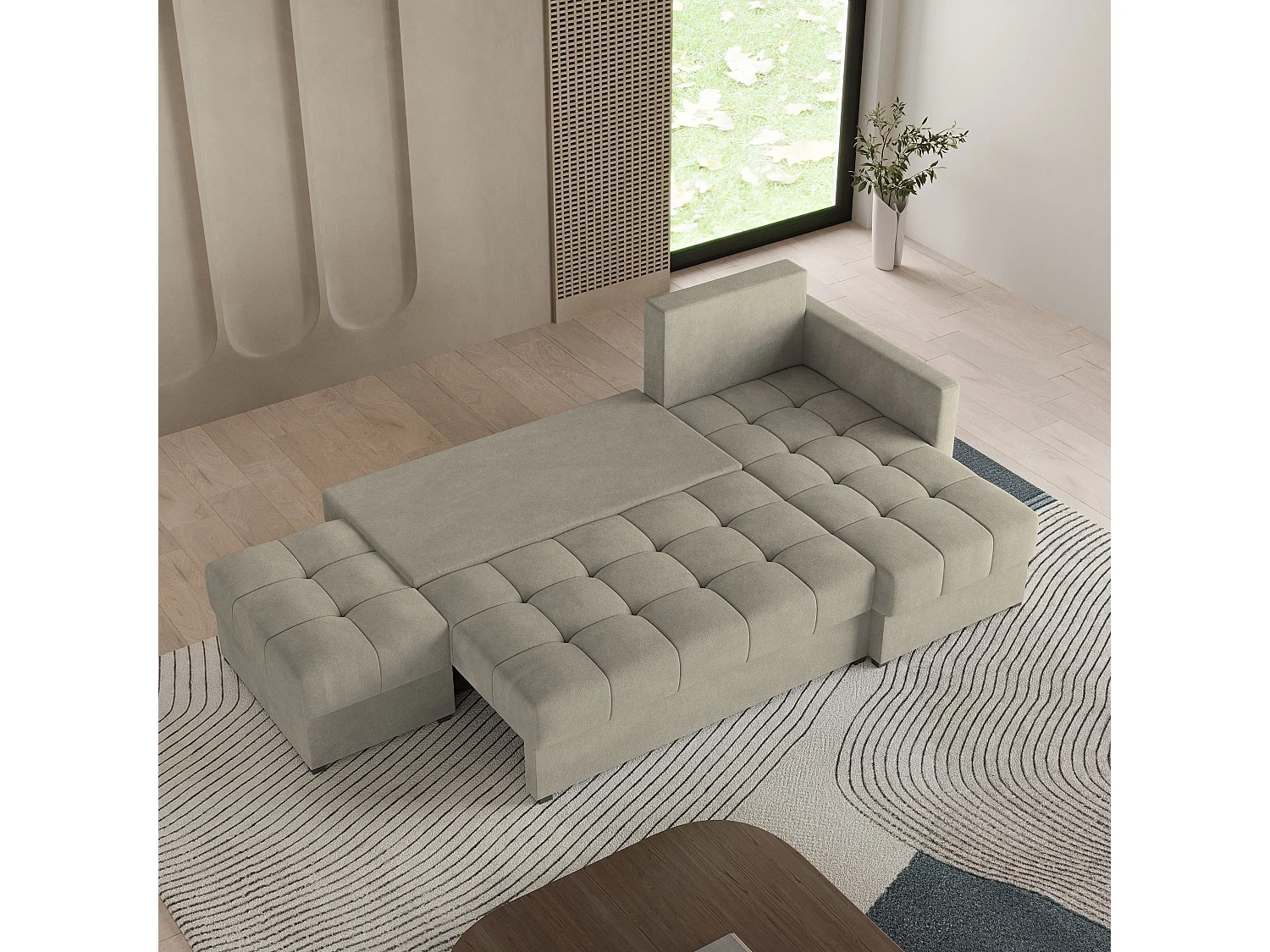 Hoekbank LUMARI van fluweel met slaapfunctie Beige