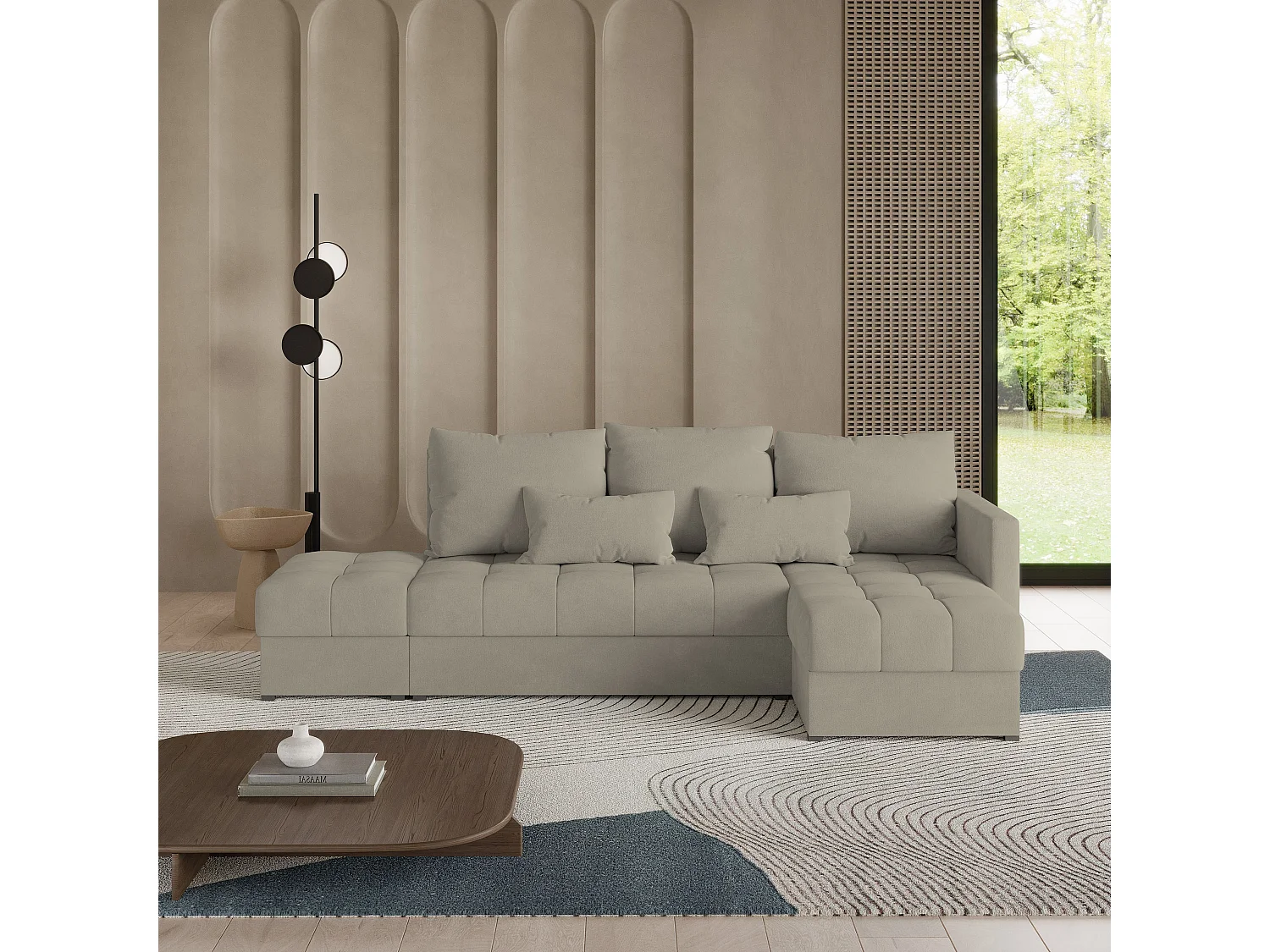 Hoekbank LUMARI van fluweel met slaapfunctie Beige