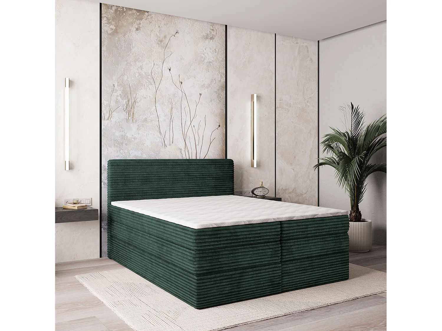 Boxspringbed LUNERA 140x200 cm Set met hoofdbord, bedbodem en matras, Dennengroen