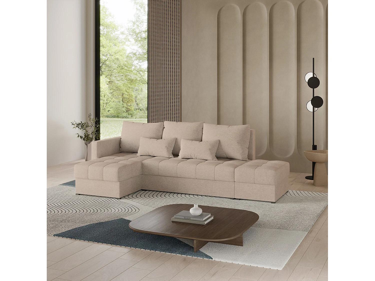 Hoekbank LUMARI van fluweel met slaapfunctie Beige