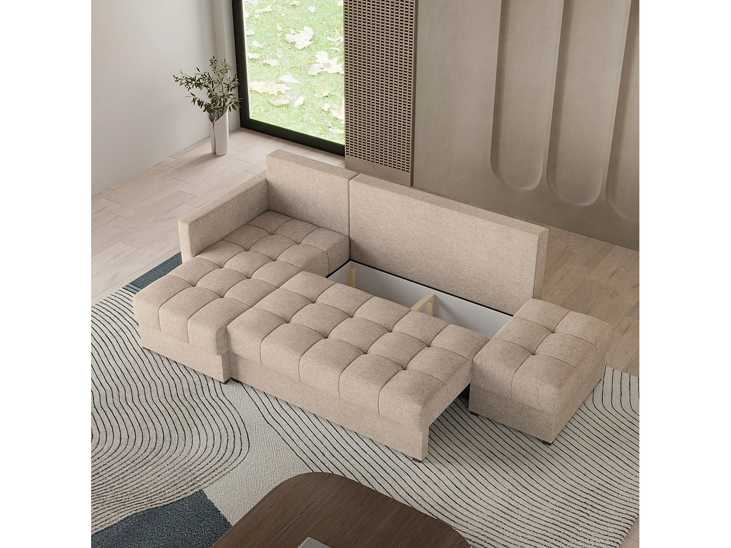 Hoekbank LUMARI van fluweel met slaapfunctie Beige