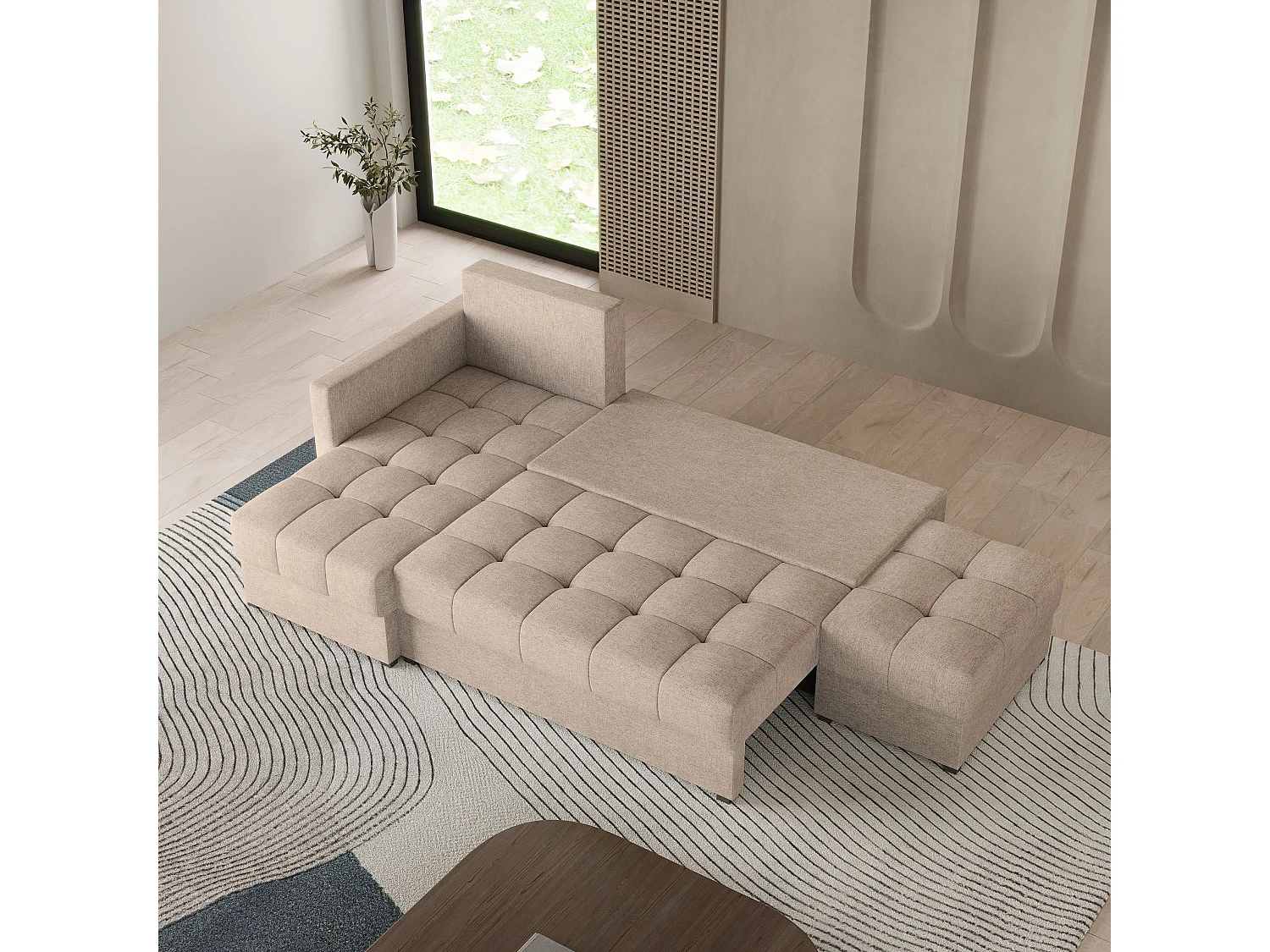 Hoekbank LUMARI van fluweel met slaapfunctie Beige