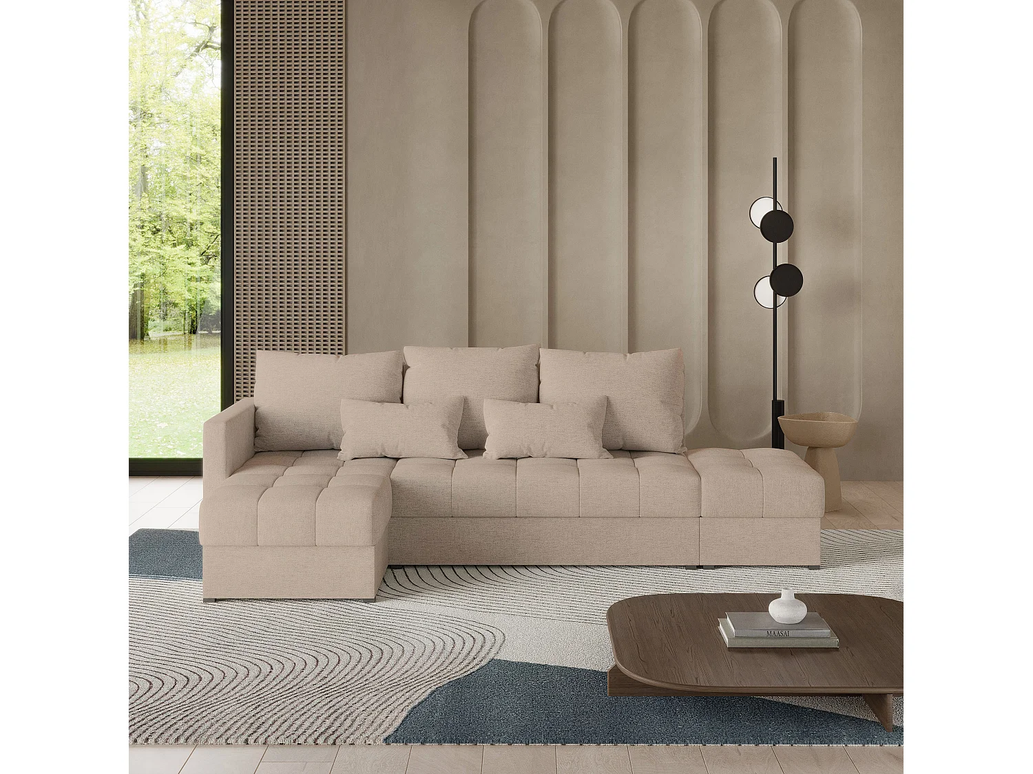 Hoekbank LUMARI van fluweel met slaapfunctie Beige