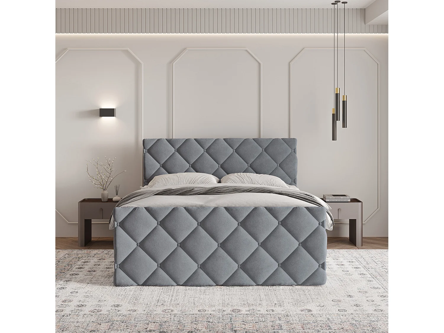 Lit continental ROVARI, 160x200 cm, Tissu pelucheux, Gris