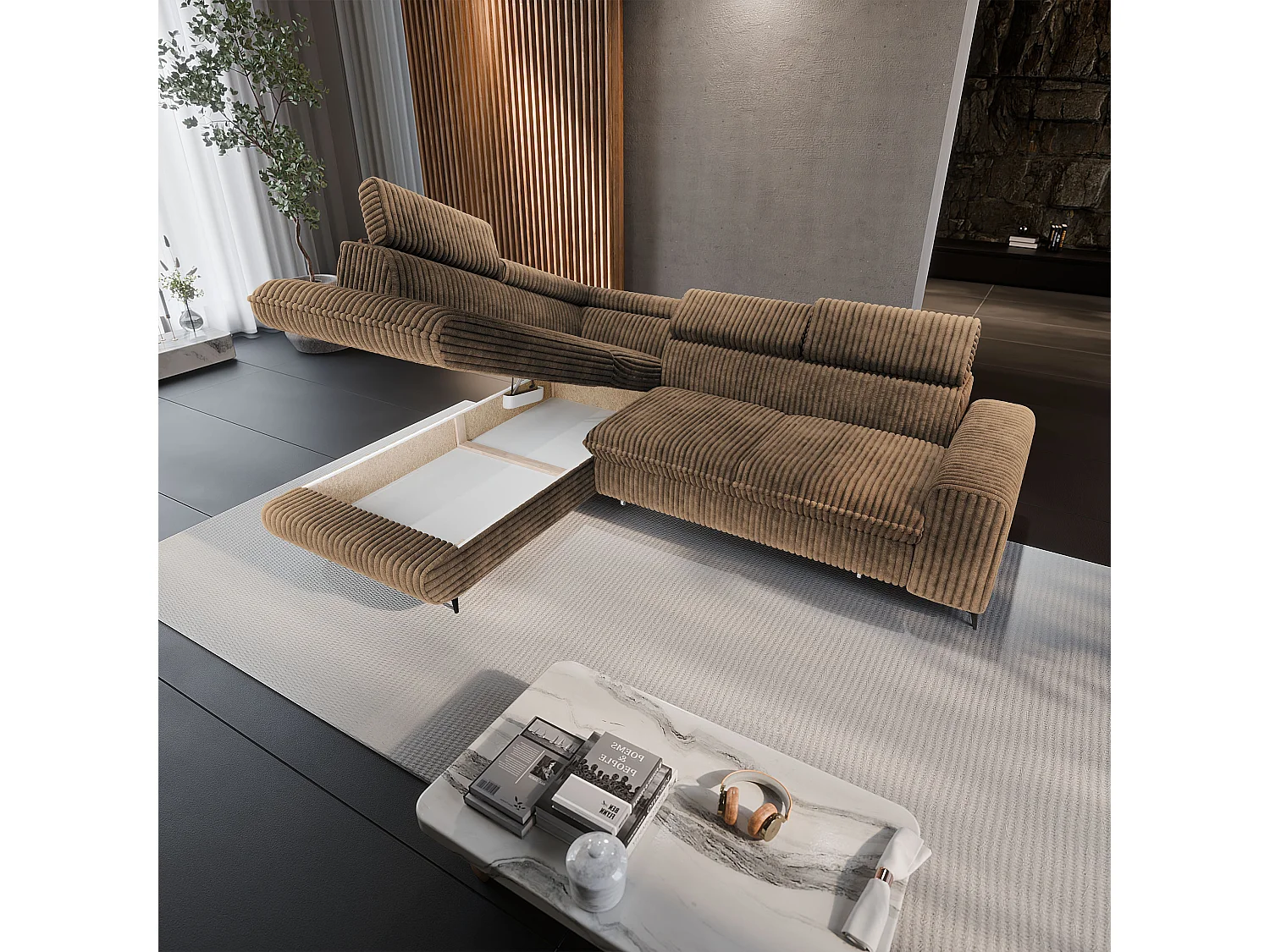 Hoekbank VELISS van fluweel met slaapfunctie Beige