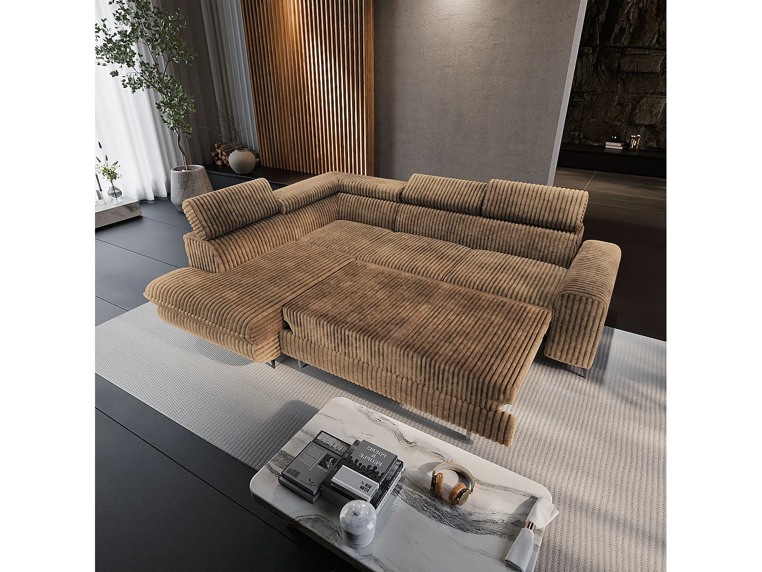 Hoekbank VELISS van fluweel met slaapfunctie Beige