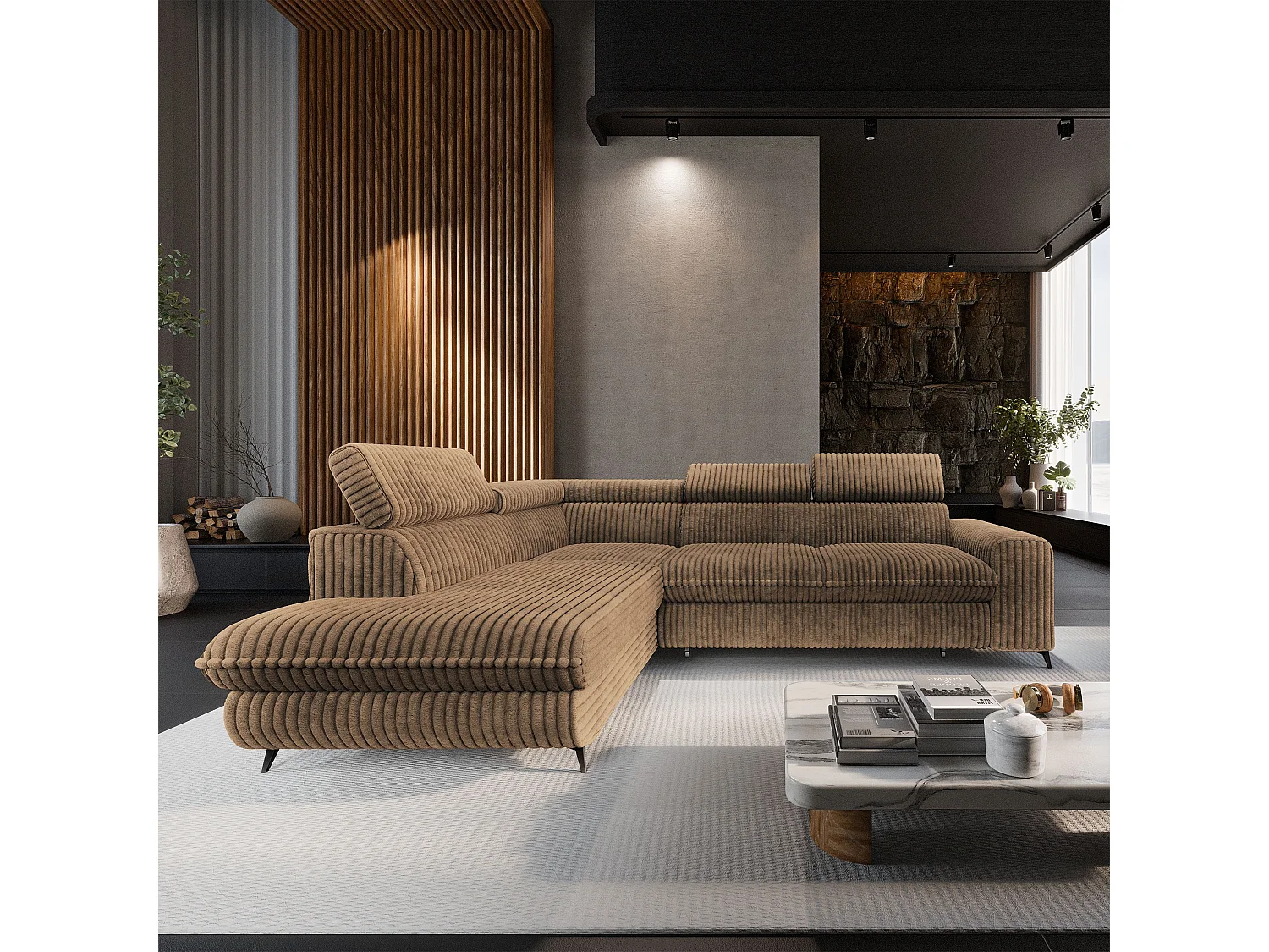 Hoekbank VELISS van fluweel met slaapfunctie Beige
