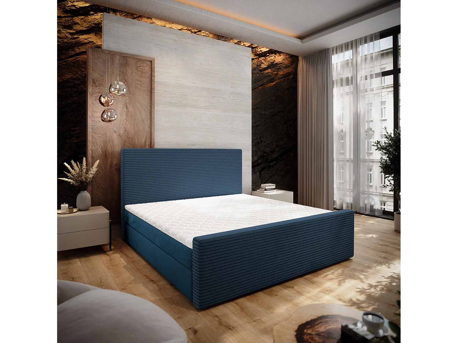 Lit continental ALORIA, 140x200 cm, Tissu pelucheux, Bleu
