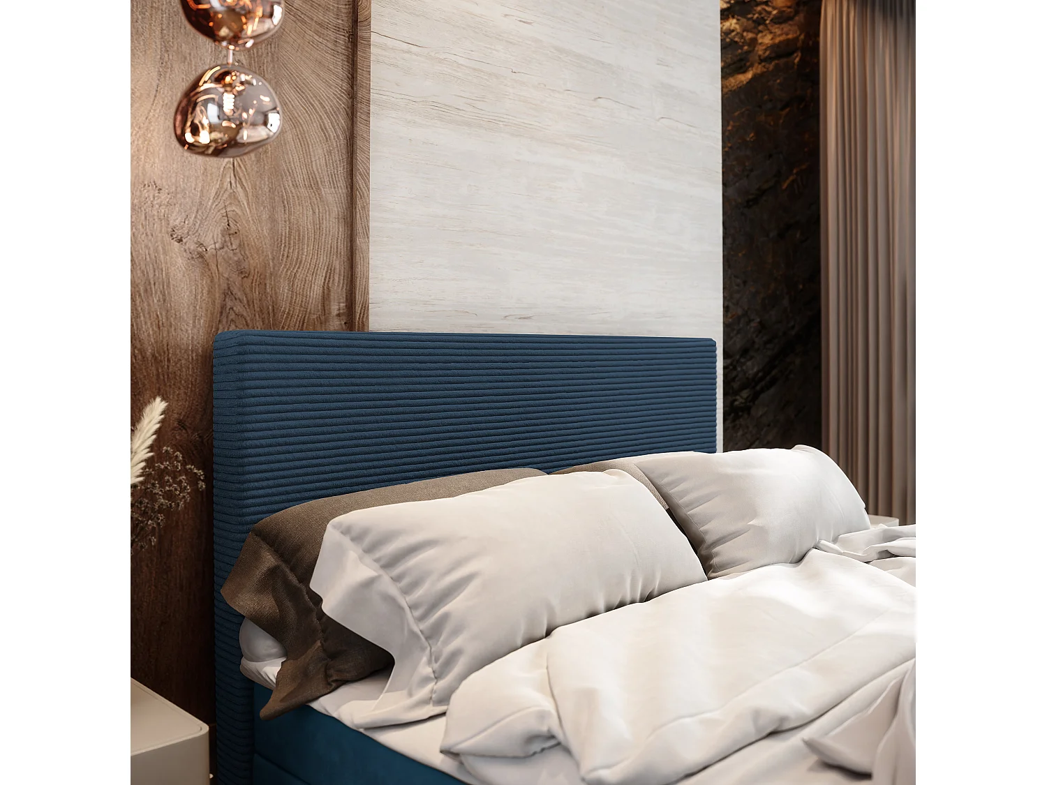 Lit continental ALORIA, 140x200 cm, Tissu pelucheux, Bleu