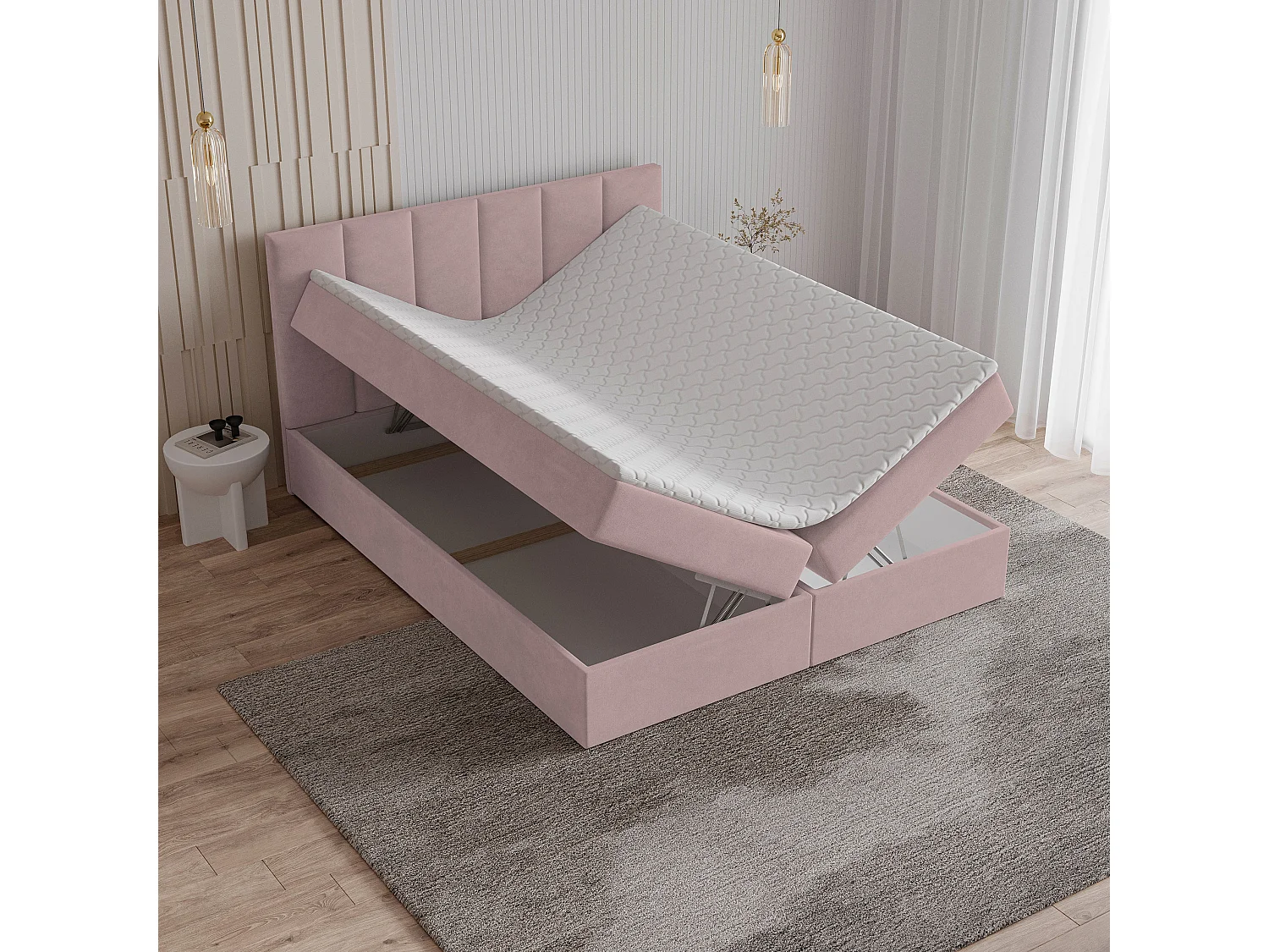 Lit continental MERIL, 140x200 cm, Tissu tressé, Rose