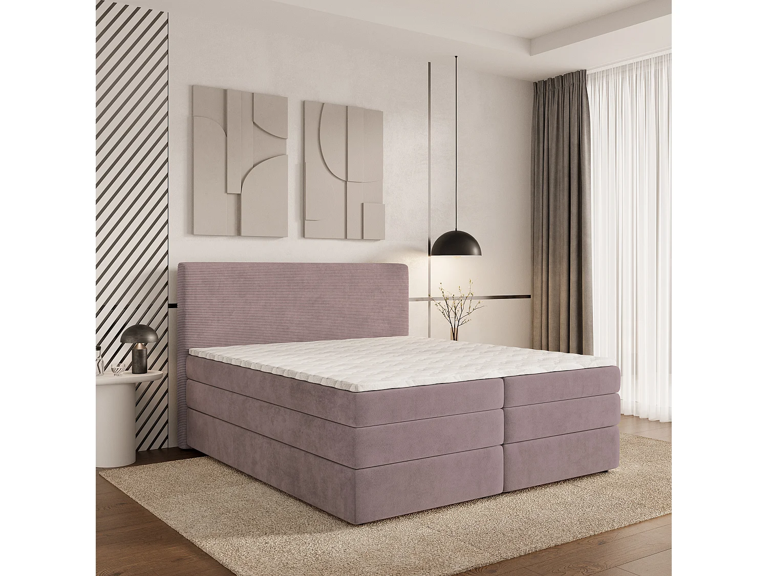 Lit continental MATERN, 160x200 cm, Tissu pelucheux, Rose