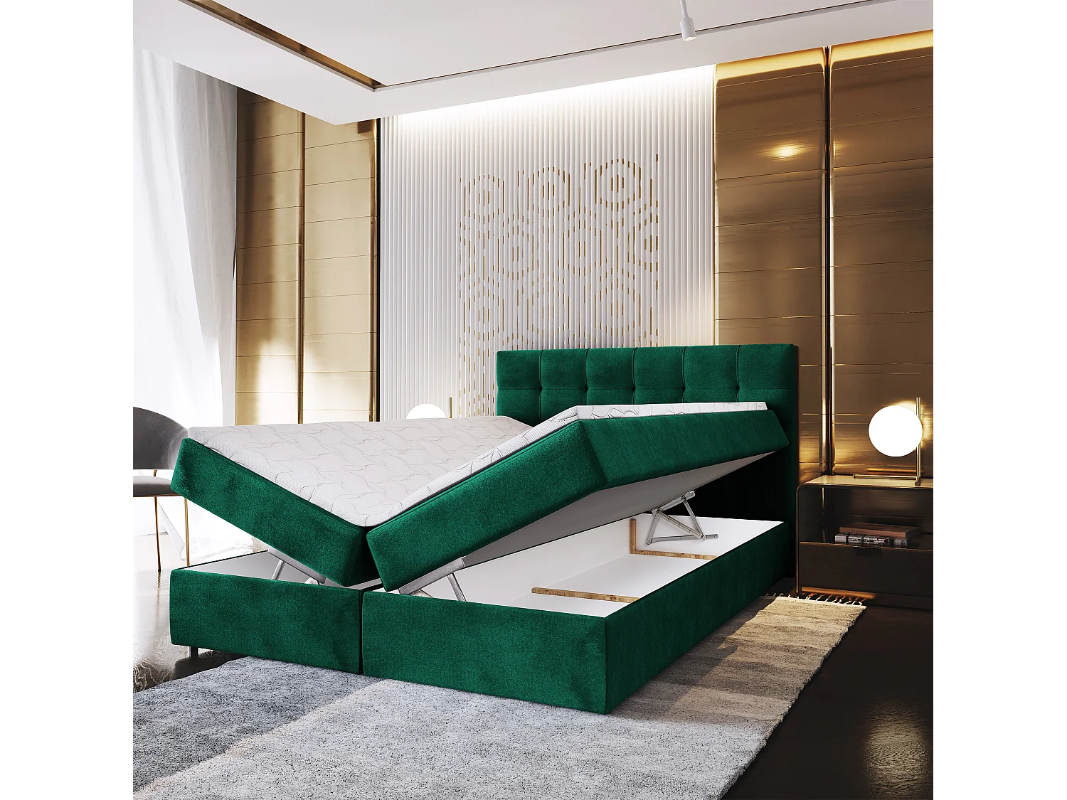 Lit continental GLOS, 140x200 cm, Tissu pelucheux, Vert