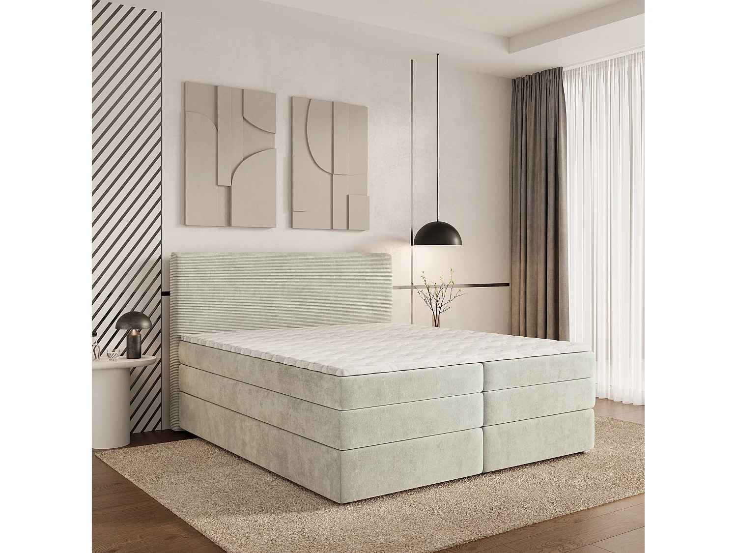 Lit continental MATERN, 160x200 cm, Tissu pelucheux, Couleur crème