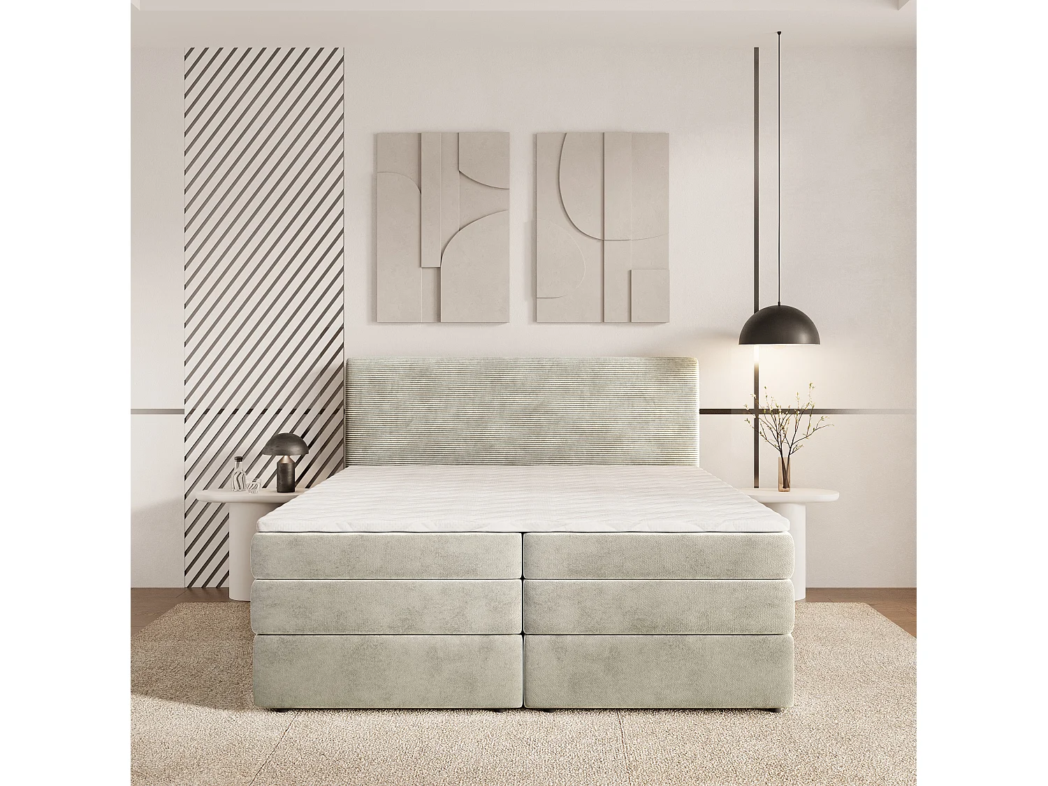 Lit continental MATERN, 160x200 cm, Tissu pelucheux, Couleur crème