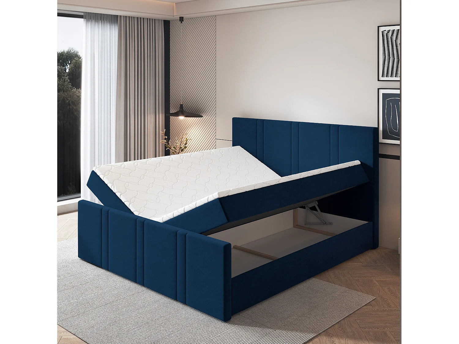 Lit continental COMOZA, 140x200 cm, Tissu pelucheux, Bleu
