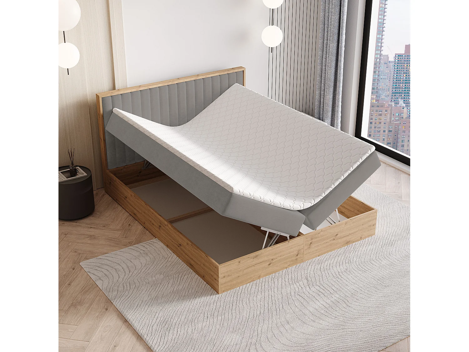 Lit continental VARELI, 160x200 cm, Tissu tressé, Gris