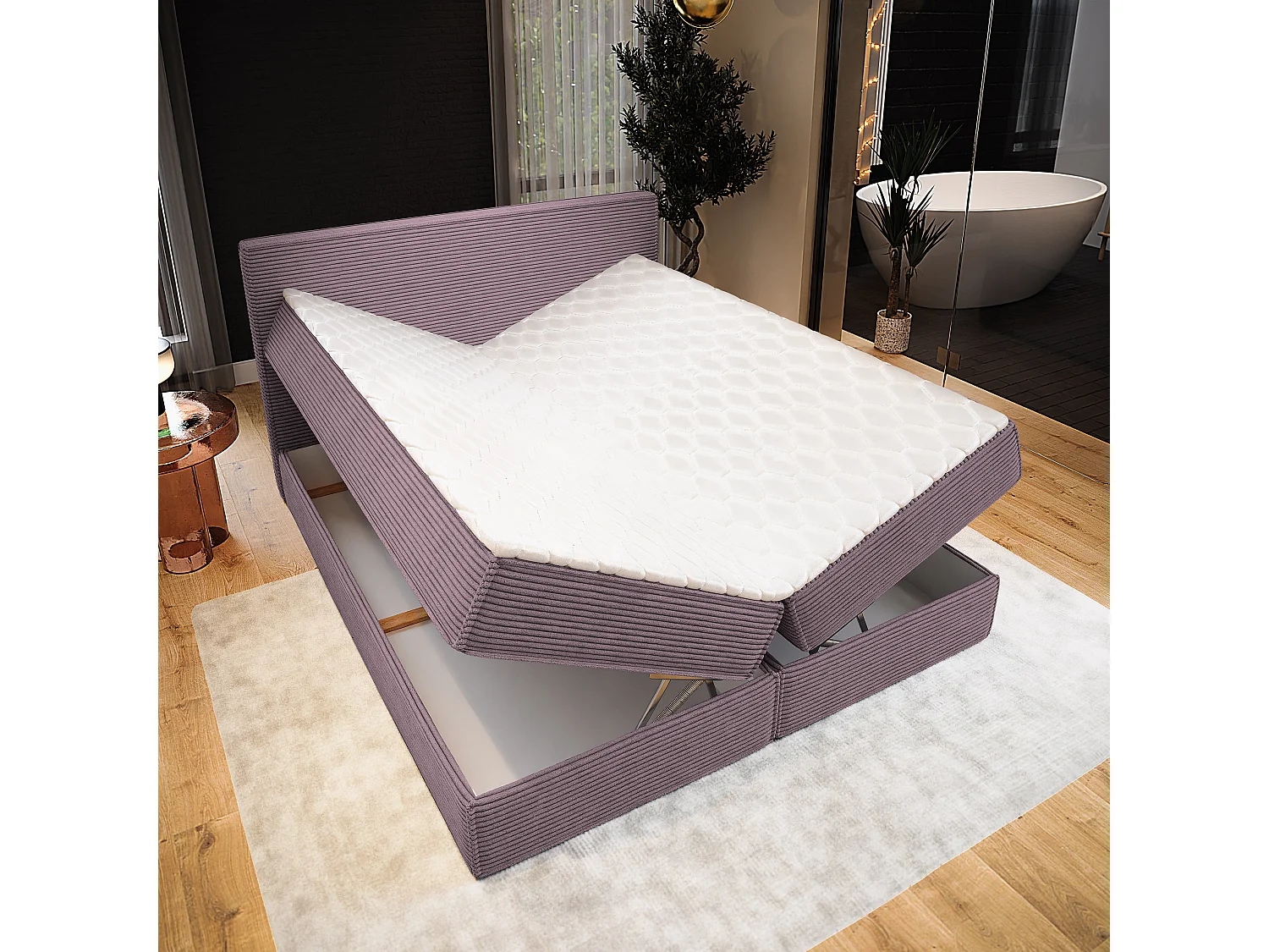 Lit continental PELLIO, 160x200 cm, Tissu en velours côtelé, Violet
