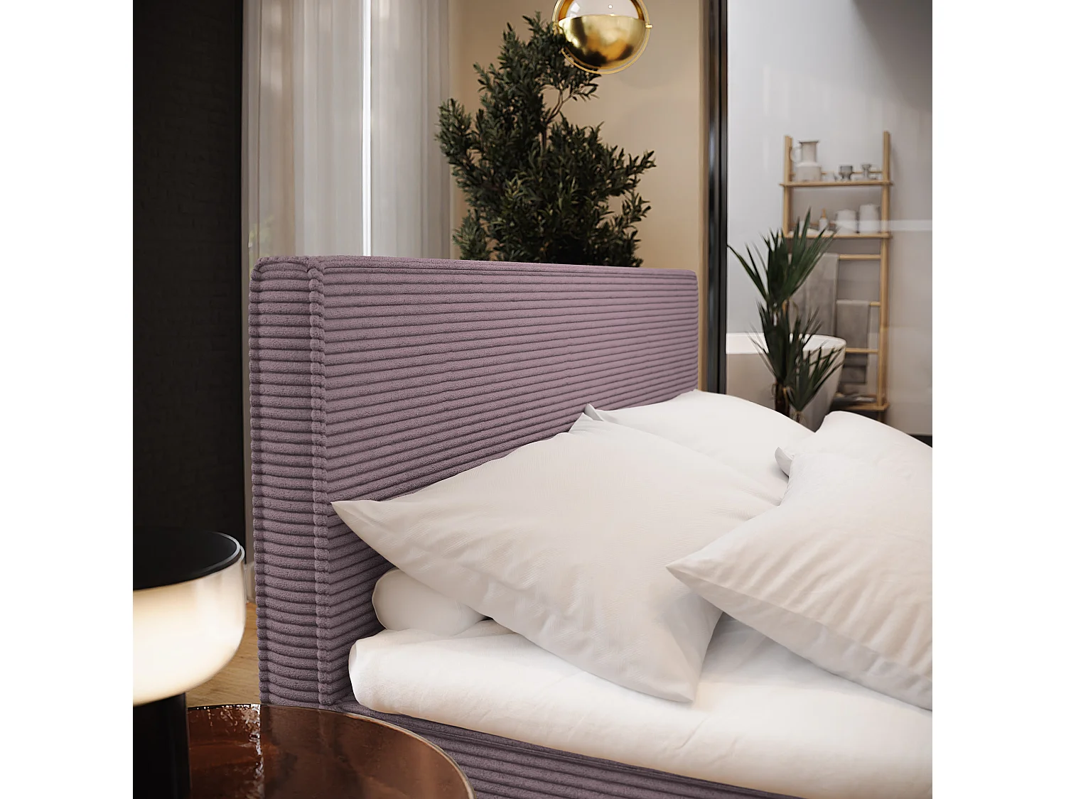 Lit continental PELLIO, 160x200 cm, Tissu en velours côtelé, Violet