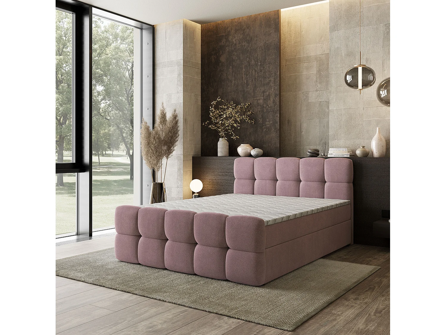 Boxspringbed BRUME 140x200 cm Set met hoofdbord, bedbodem en matras, Poederroze