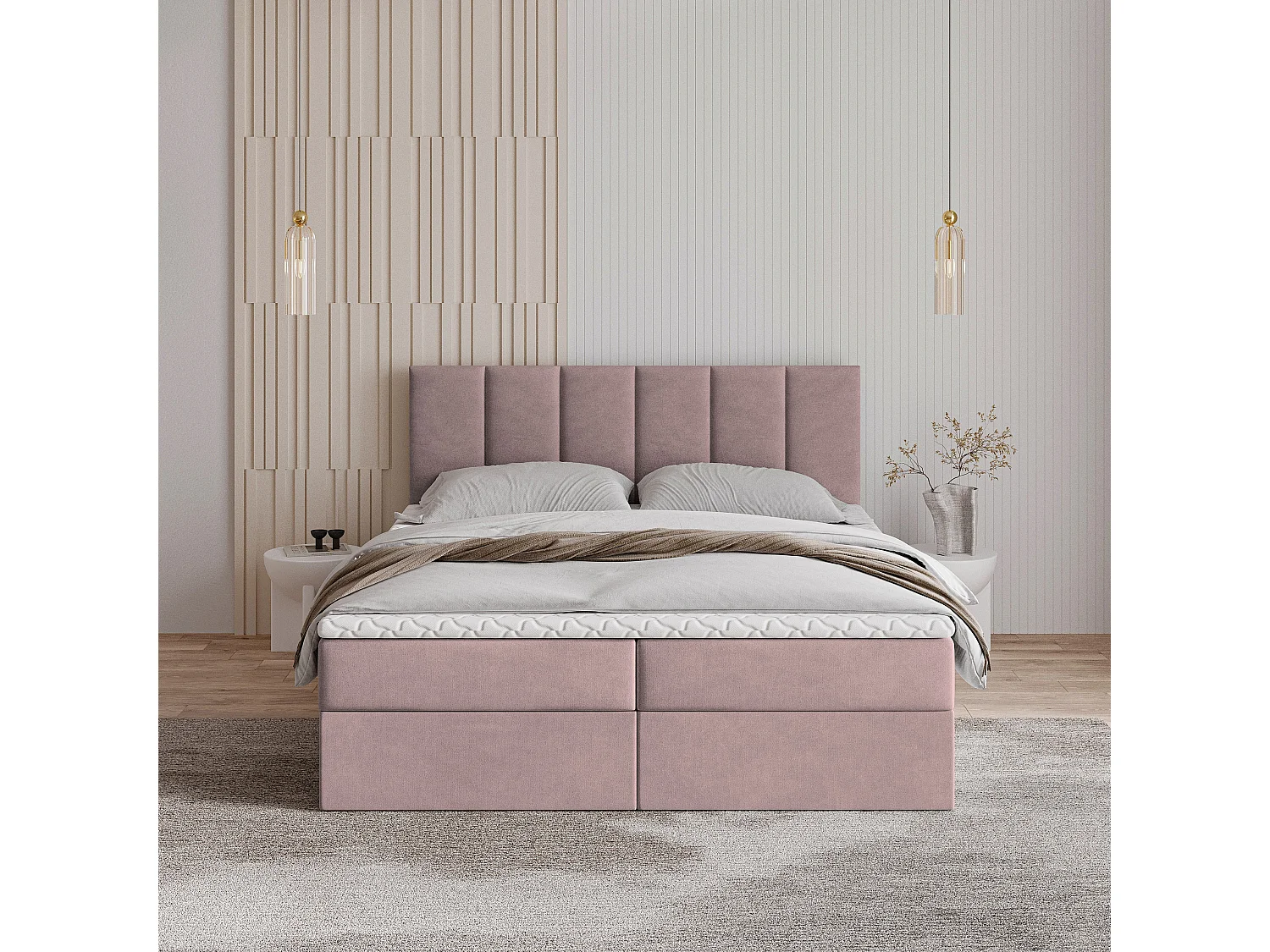 Lit continental MERIL, 160x200 cm, Tissu tressé, Rose