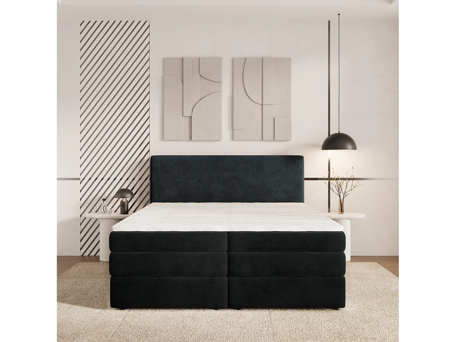 Lit continental MATERN, 180x200 cm, Tissu pelucheux, Noir