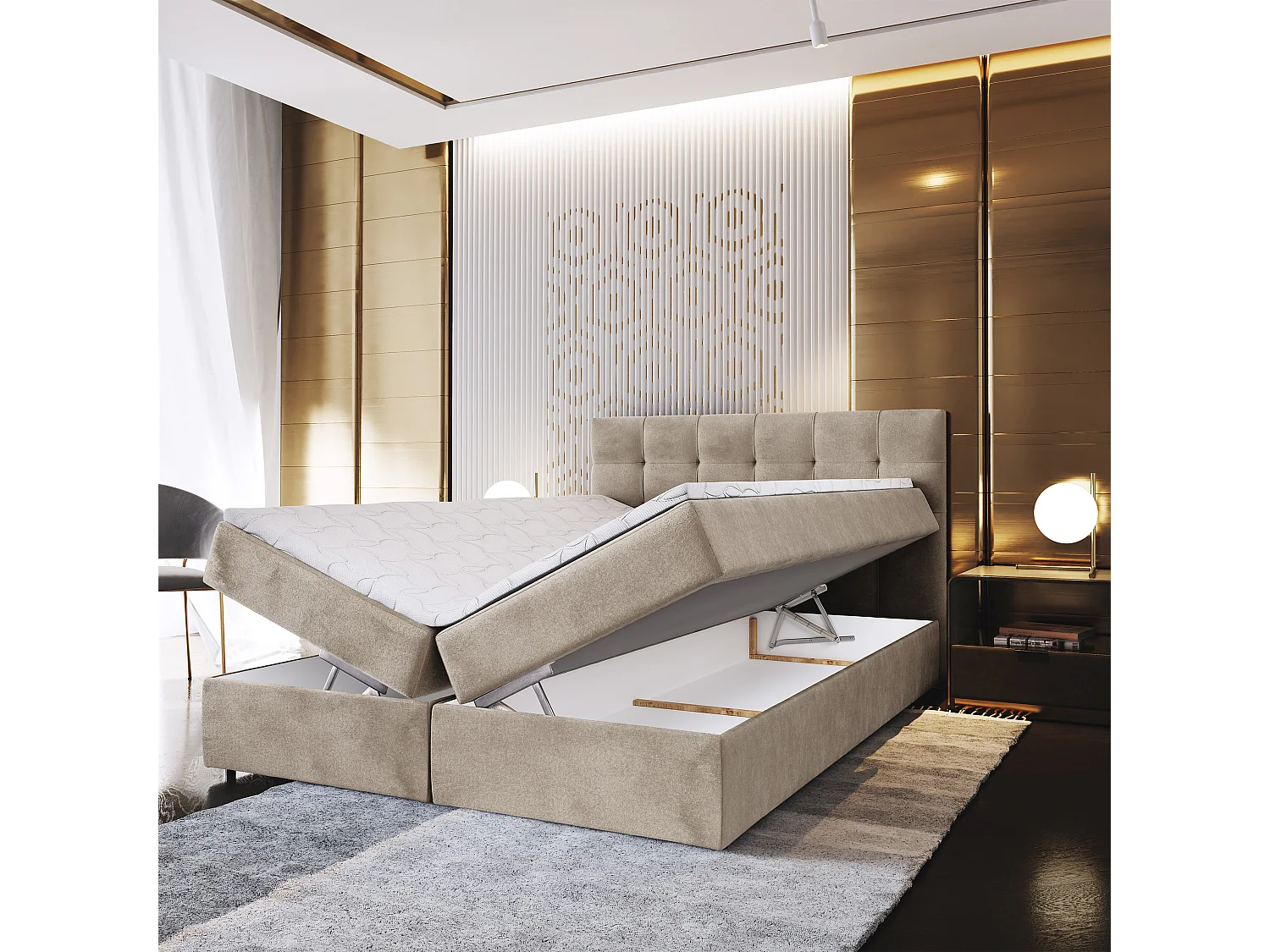 Lit continental GLOS, 140x200 cm, Tissu pelucheux, Beige