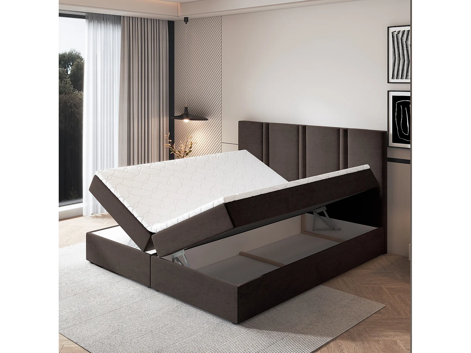 Lit continental LARIO, 180x200 cm, Tissu pelucheux, Marron