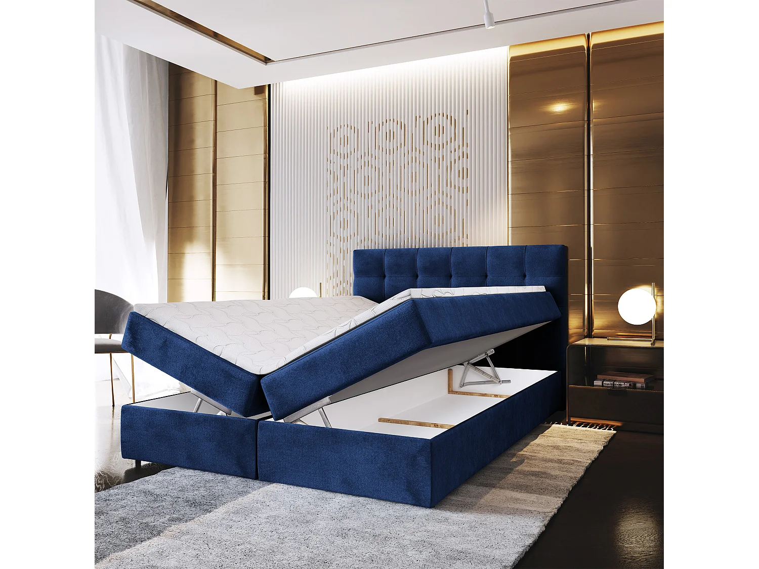 Lit continental GLOS, 140x200 cm, Tissu pelucheux, Bleu