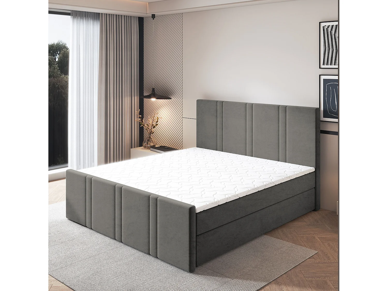 Lit continental COMOZA, 160x200 cm, Tissu pelucheux, Gris