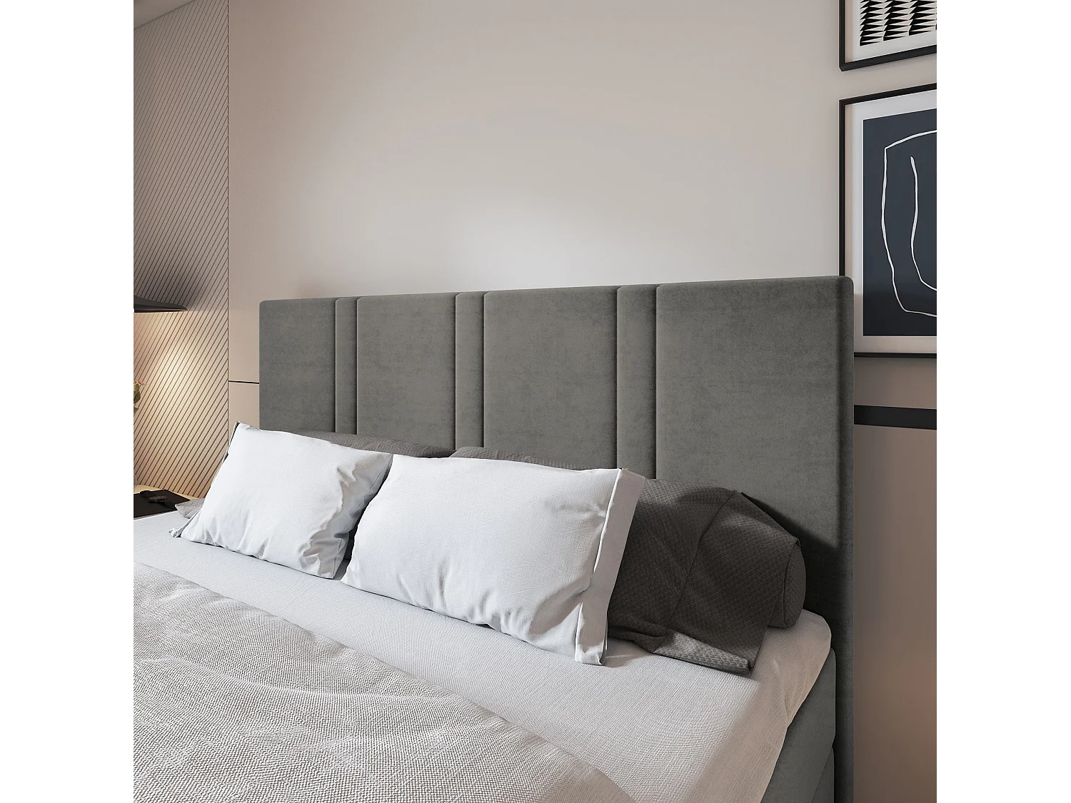 Lit continental COMOZA, 160x200 cm, Tissu pelucheux, Gris