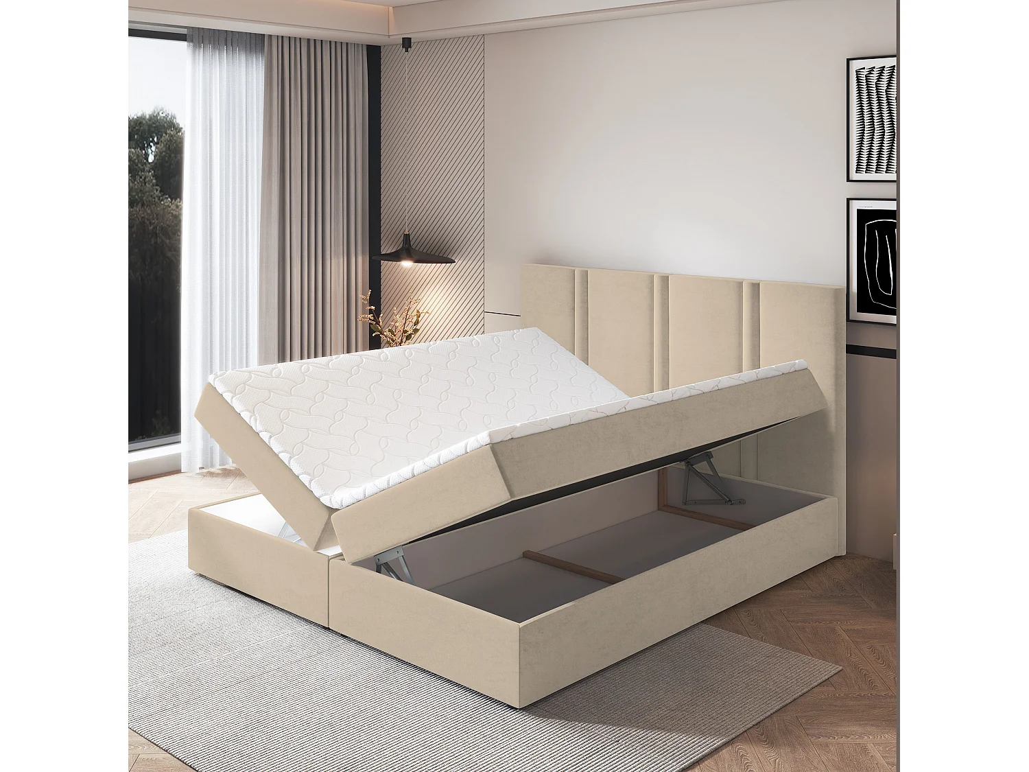 Lit continental LARIO, 160x200 cm, Tissu pelucheux, Beige