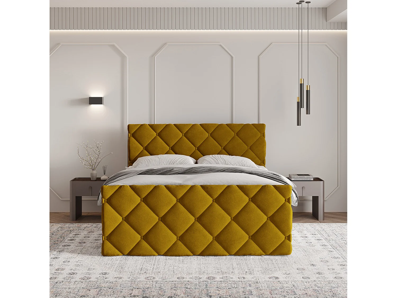 Lit continental ROVARI, 140x200 cm, Tissu pelucheux, Jaune