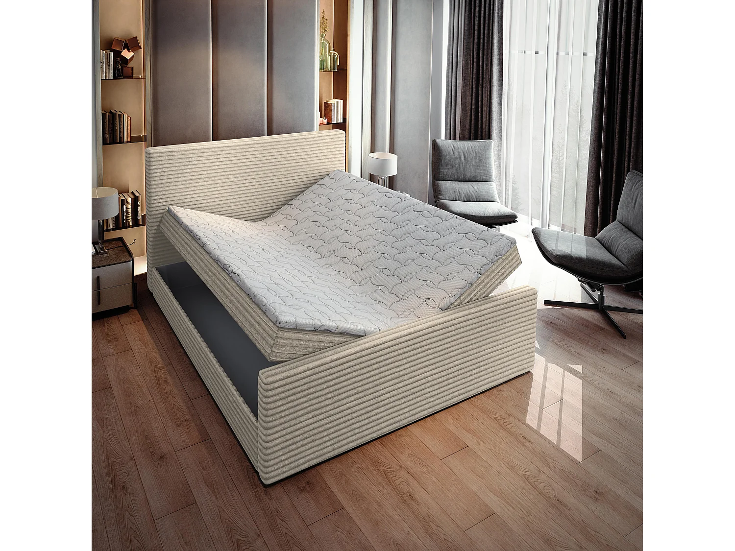 Boxspringbed BRENTO 140x200 cm Set met hoofdbord, bedbodem en matras, Crème