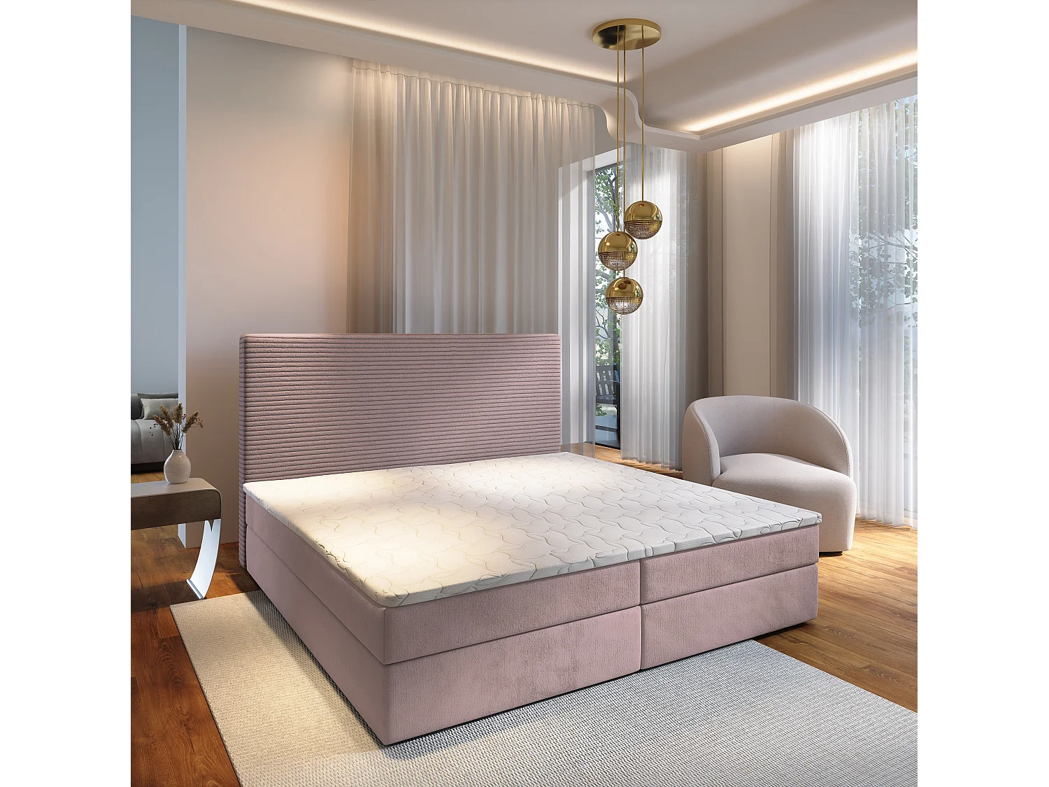 Boxspringbed GIARRO 140x200 cm Set met hoofdbord, bedbodem en matras, Poederroze