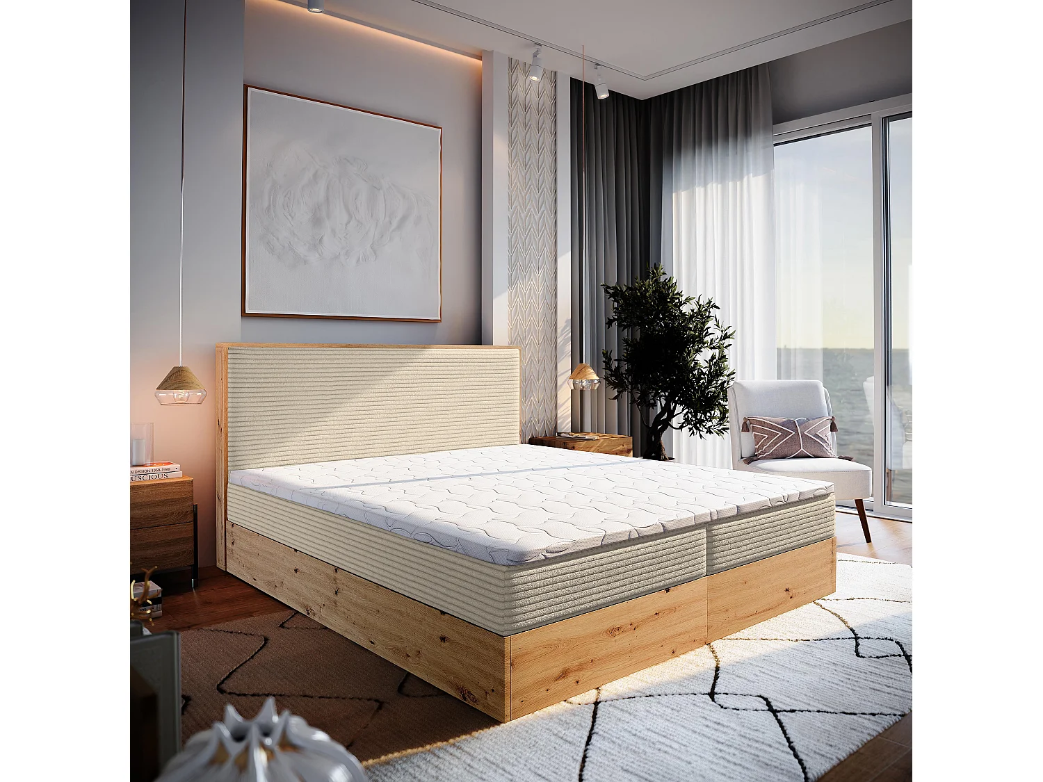 Lit continental VERDON, 180x200 cm, Tissu en velours côtelé, Couleur crème