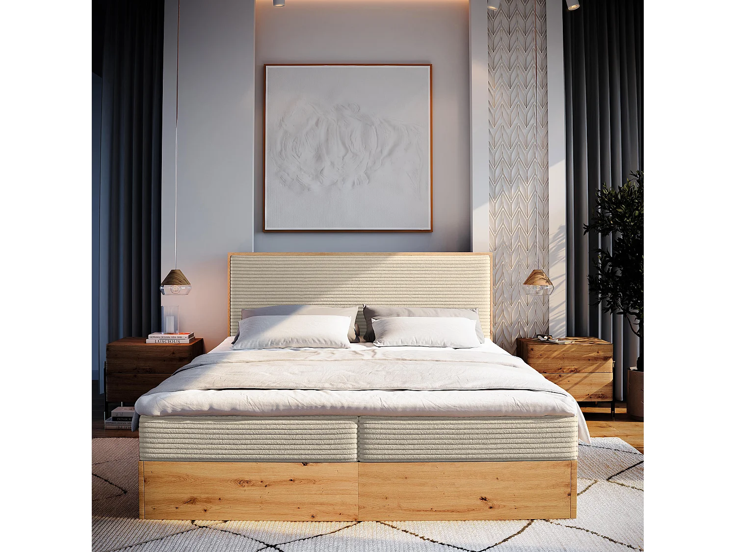 Lit continental VERDON, 180x200 cm, Tissu en velours côtelé, Couleur crème