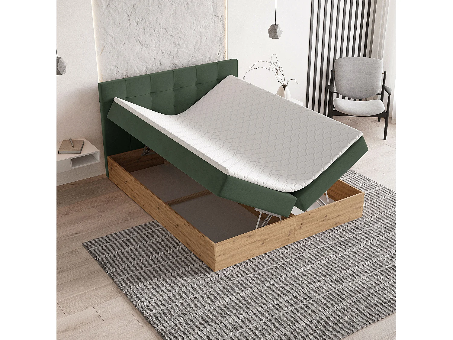 Lit continental MOLVEN, 180x200 cm, Tissu tressé, Vert