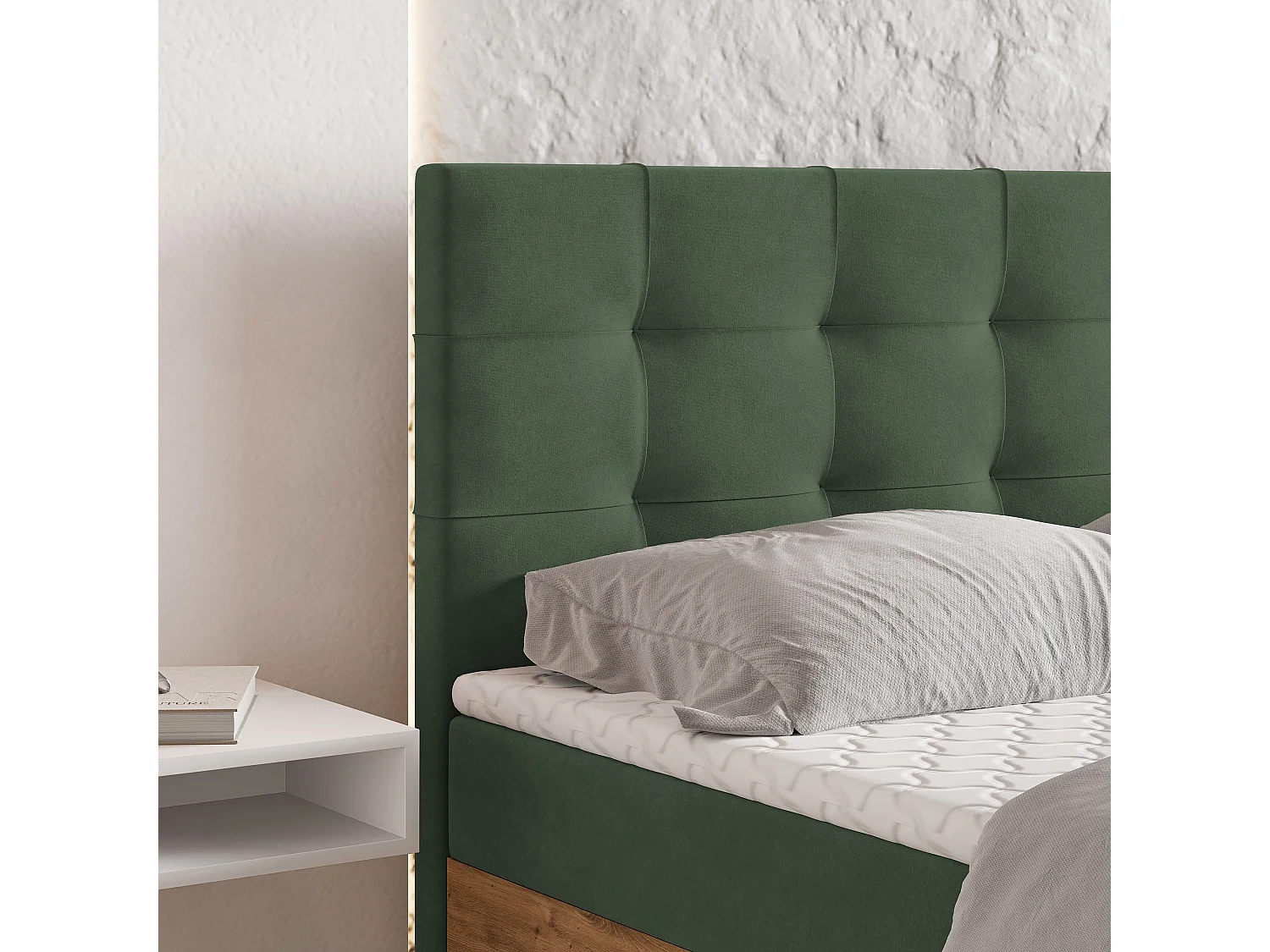 Lit continental MOLVEN, 180x200 cm, Tissu tressé, Vert