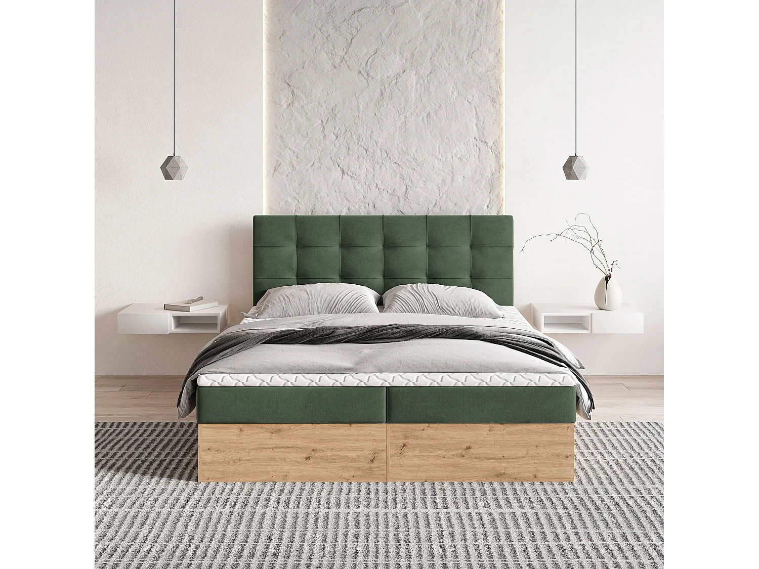 Lit continental MOLVEN, 180x200 cm, Tissu tressé, Vert