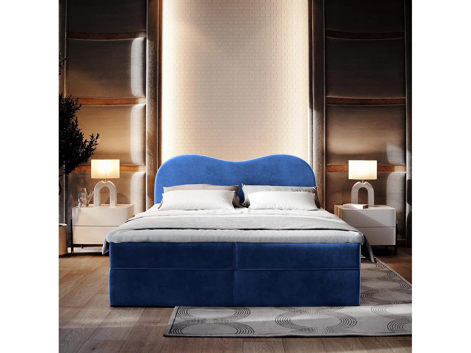 Lit continental FLUVIA, 160x200 cm, Tissu velours, Bleu