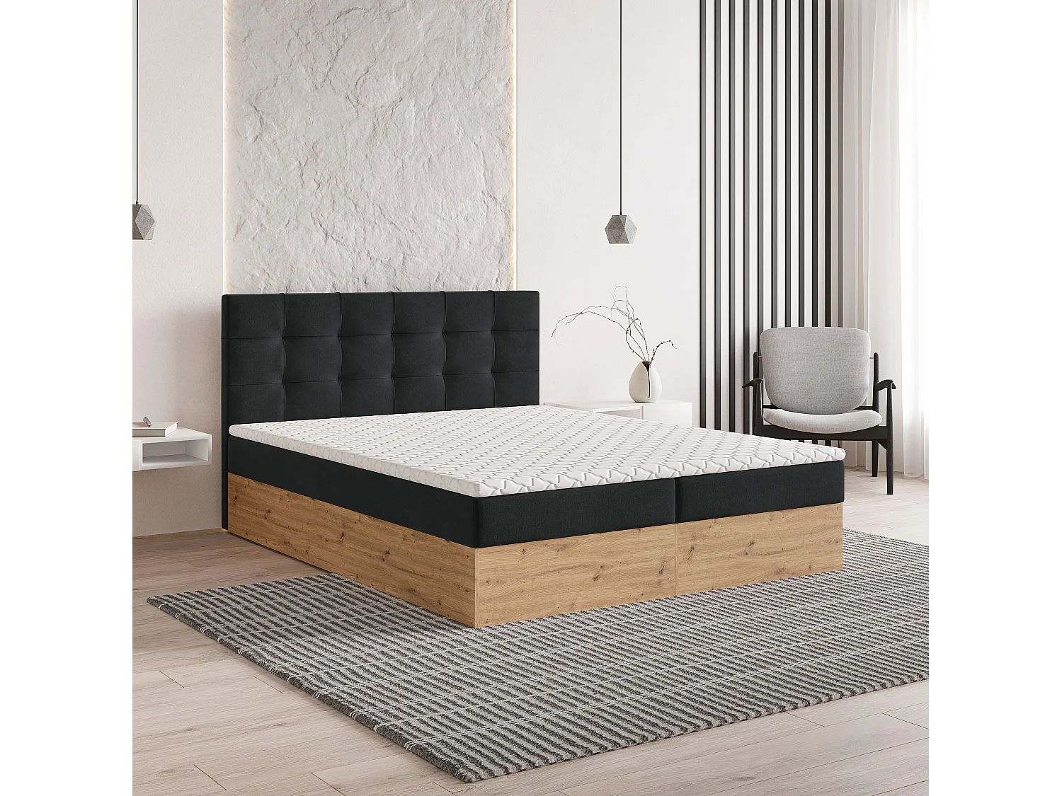 Lit continental MOLVEN, 160x200 cm, Tissu tressé, Noir